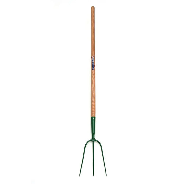 Green metal fynalite hay fork with light brown prong ash handle and best quality forged gardena shaft branding