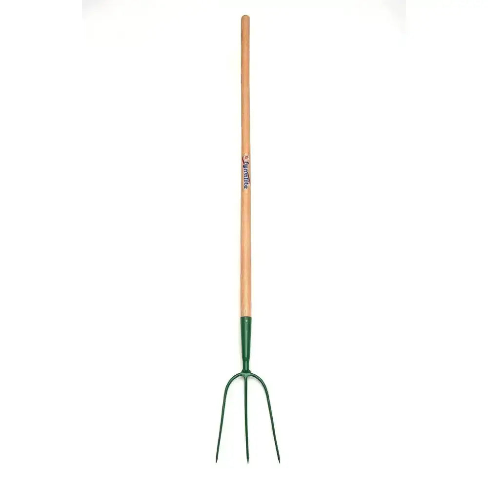 Fynalite hay fork with green metal 3 prong ash handle and light brown wooden grip, best quality forged design