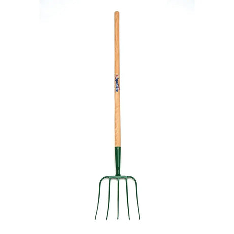 Green metal fynalite hay fork with 5 prong ash handle made from best quality forged materials for garden use