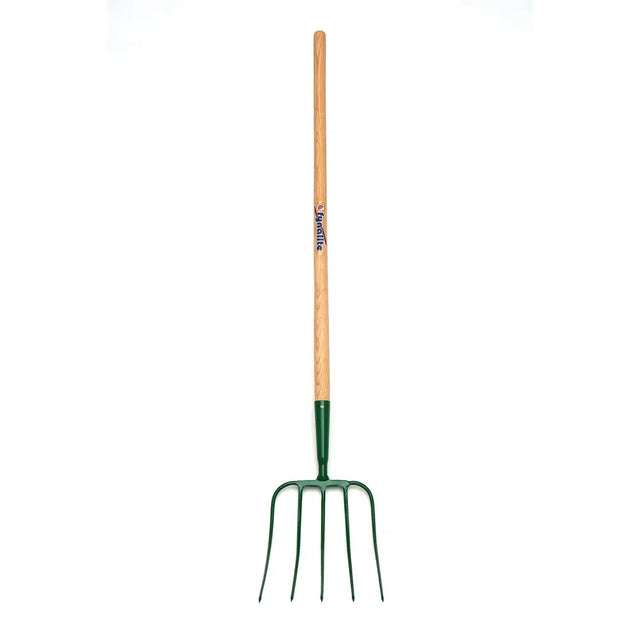 Green metal fynalite hay fork with 5 prong ash handle made from best quality forged materials for garden use