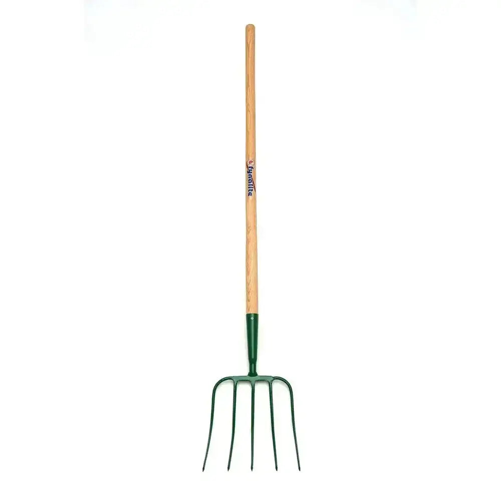 Green metal fynalite hay fork with light brown prong ash handle branded bessette best quality forged tool