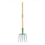 Green metal fynalite hay fork with light brown prong ash handle branded bessette best quality forged tool