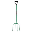Green metal fynalite hi-strength manure fork with four prongs and black d-grip handle for easy digging