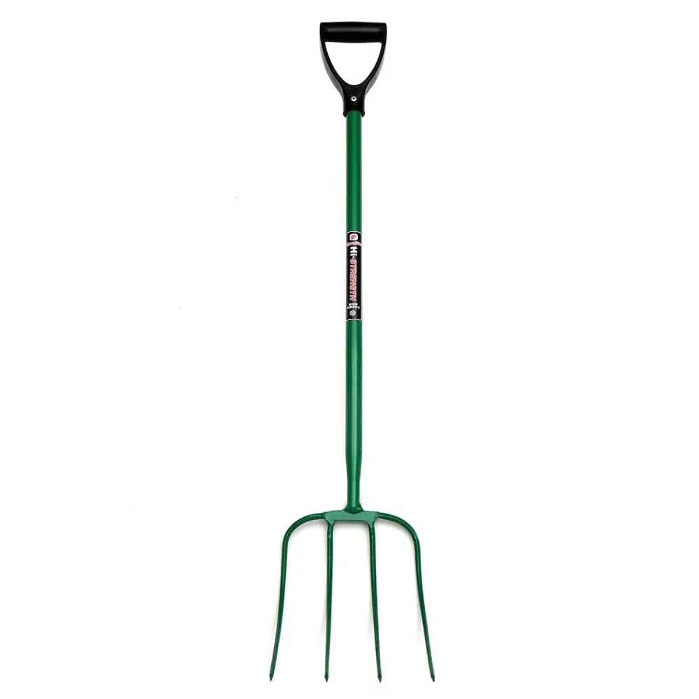 Green metal fynalite hi-strength manure fork with four prongs and black d-grip handle for easy digging