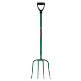 Green metal fynalite hi-strength manure fork with four prongs and black d-grip handle for easy digging