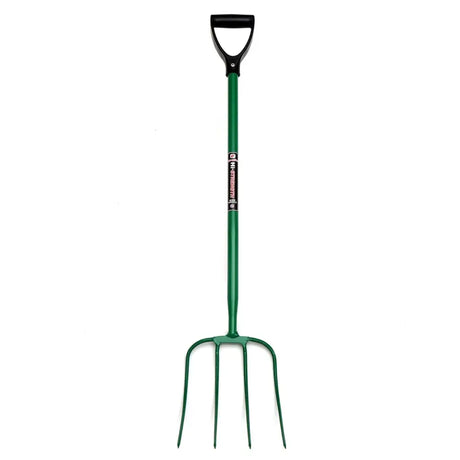 Green metal fynalite hi-strength manure fork with four prongs and black d-grip handle for easy digging