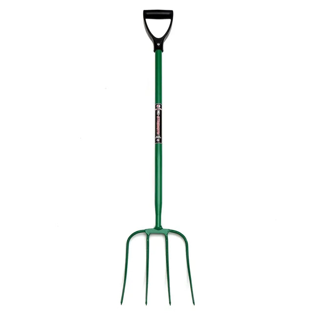 Green metal fynalite hi-strength manure fork with four prongs and black d-grip handle for easy digging
