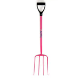 Pink fynalite hi-strength manure fork with four prongs and black d-grip handle branded gynothe on shaft