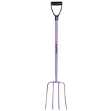 Purple-handled fynalite hi-strength manure fork with prong d-grip and four metal tines for heavy-duty gardening tasks