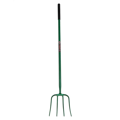 Fynalite hi-strength manure fork with green metal tines and black high tensile steel grip handle for heavy duty use