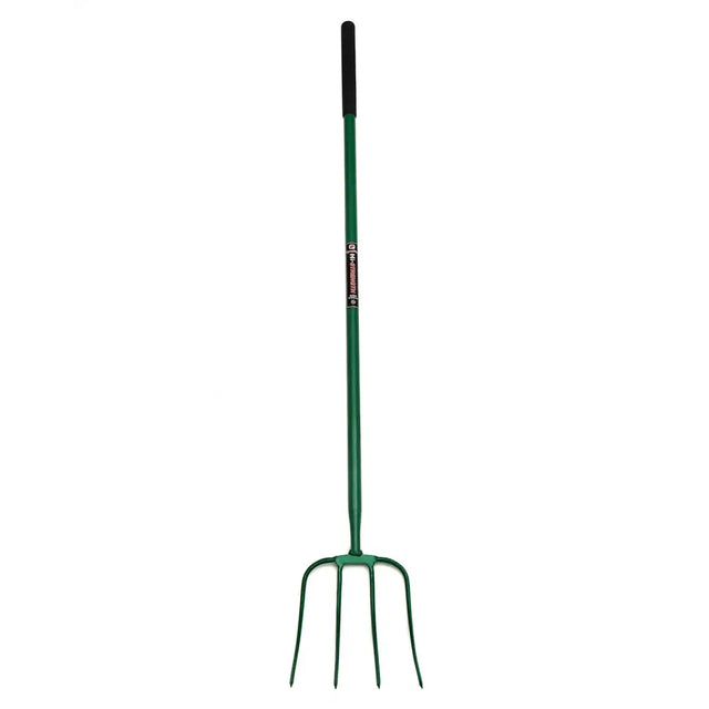 Fynalite hi-strength manure fork with green metal tines and black high tensile steel grip handle for heavy duty use