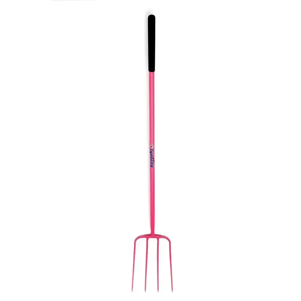 Pink fynalite hi-strength manure fork with black grip and bullitt brand on high tensile steel handles for gardening tasks