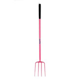 Pink fynalite hi-strength manure fork with black grip and bullitt brand on high tensile steel handles for gardening tasks
