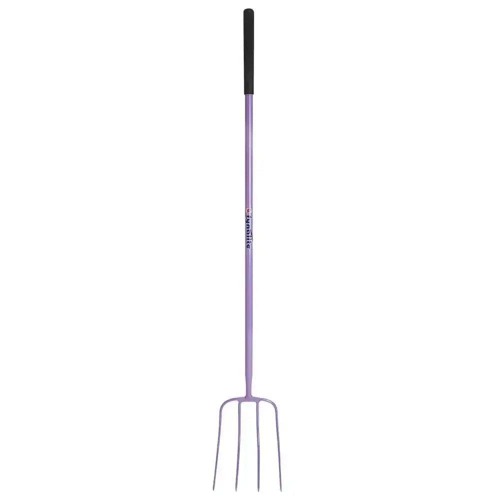 Fynalite hi-strength manure fork with purple handles black grip and four metal tines for easy manure handling