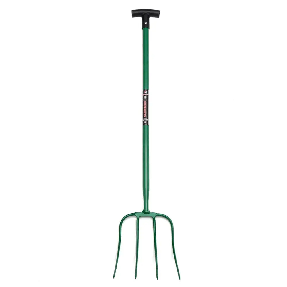 Green metal fynalite hi-strenth manure fork with 4 prongs and a black prong t grip handle for easy use