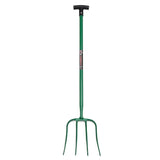 Green metal fynalite hi-strenth manure fork with 4 prongs and a black prong t grip handle for easy use