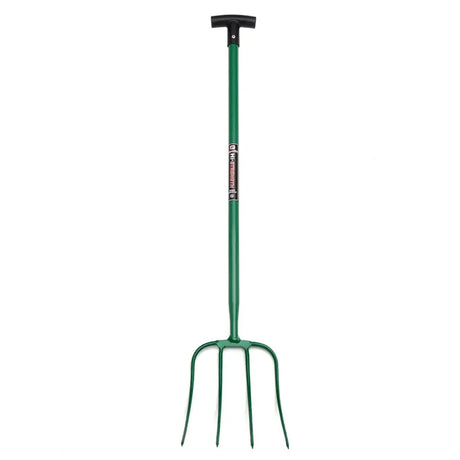 Green metal fynalite hi-strenth manure fork with 4 prongs and a black prong t grip handle for easy use