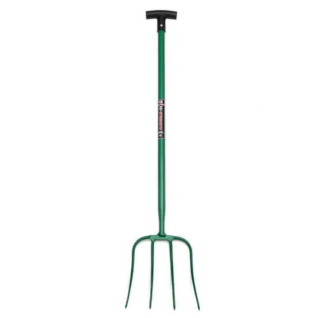 Green metal fynalite hi-strenth manure fork with 4 prongs and a black prong t grip handle for easy use