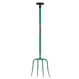 Green metal fynalite hi-strenth manure fork with 4 prongs and black t grip handle for easy digging