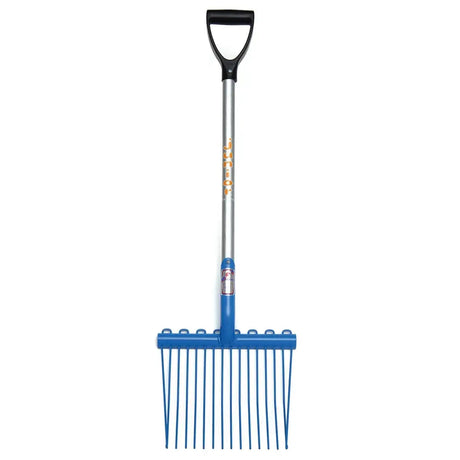 Fynalite junior shavings fork with blue plastic head, black d grip handle, and silver metal shaft for easy shavings cleanup