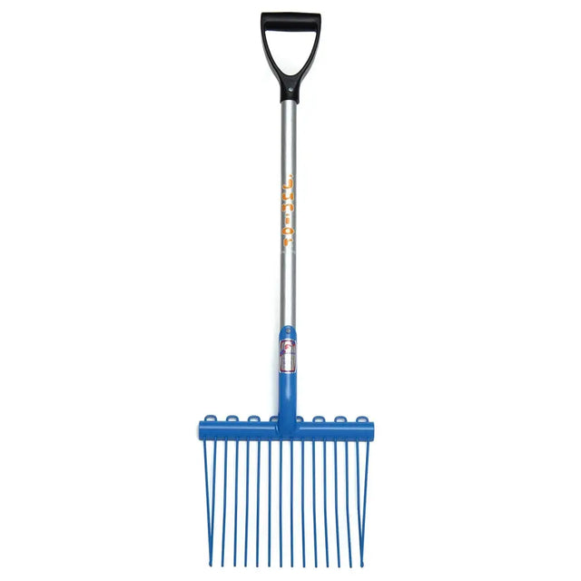 Fynalite junior shavings fork with blue plastic head, black d grip handle, and silver metal shaft for easy shavings cleanup