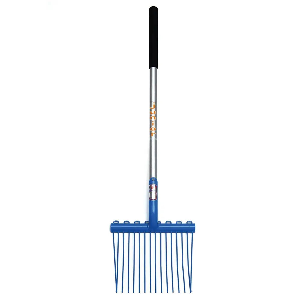 Fynalite junior shavings fork with blue plastic rake head, black grip, and silver metal shavings fork long handle