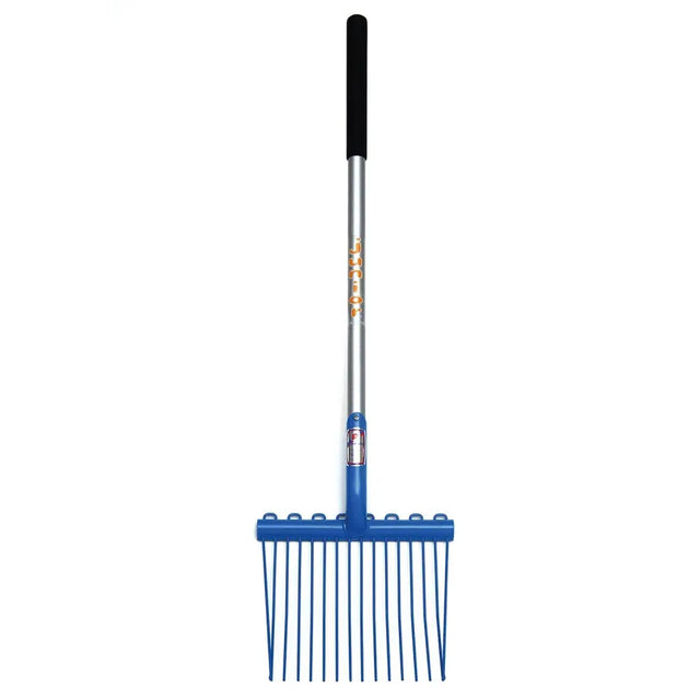 Fynalite junior shavings fork with blue plastic rake head, black grip, and silver metal shavings fork long handle
