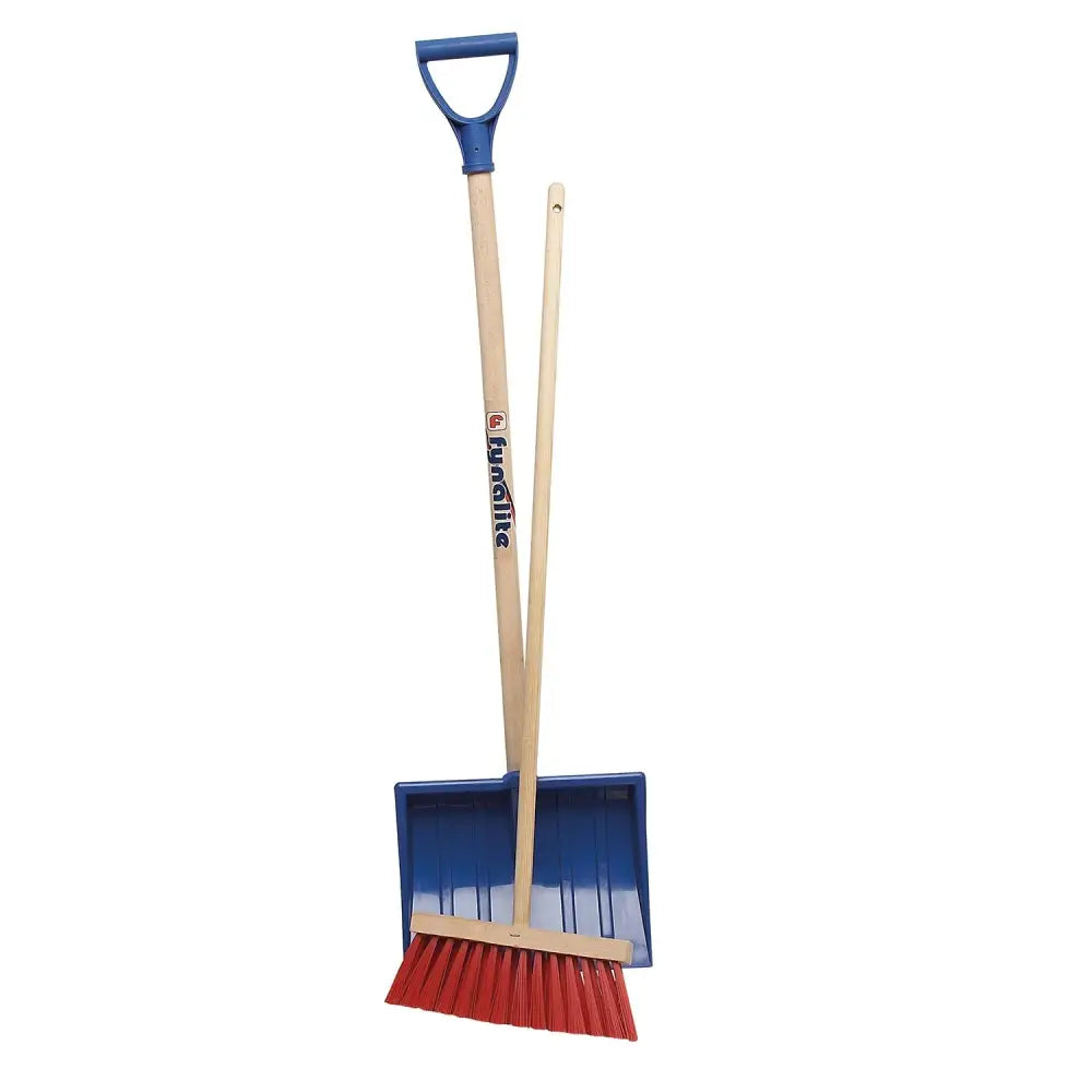 Fynalite kids snow shovel and broom set with blue and red broom and matching blue shovel with wooden handle
