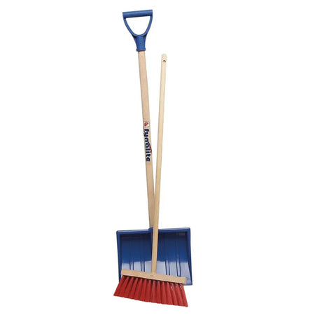 Fynalite kids snow shovel and broom set with blue and red broom and matching blue shovel with wooden handle