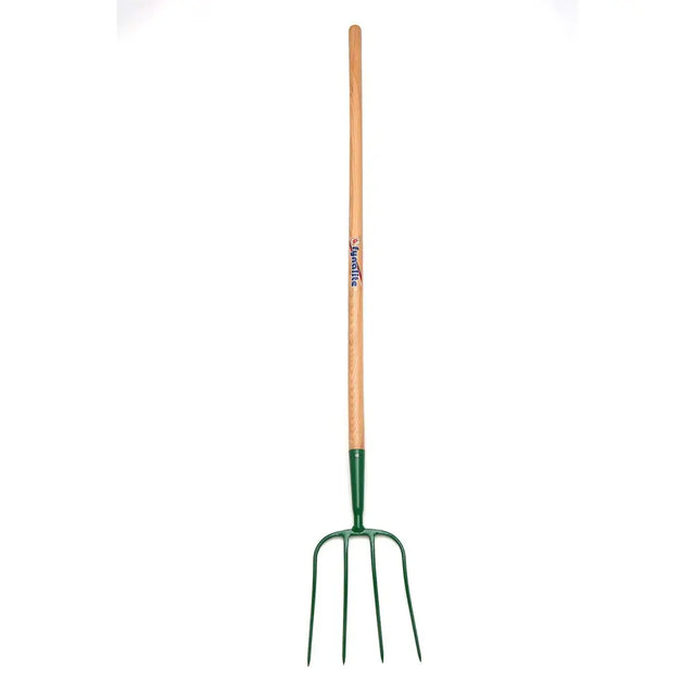 Green fynalite manure fork with best quality forged 4 prong ash handle and light brown wooden handle