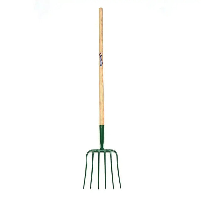 Green fynalite manure fork with forged high carbon 6 prong ash handle extra long and spearville brand name