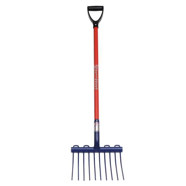 Fynalite multi mucka red and navy blue garden rake with black mucka d grip handle shavings fork for versatile use