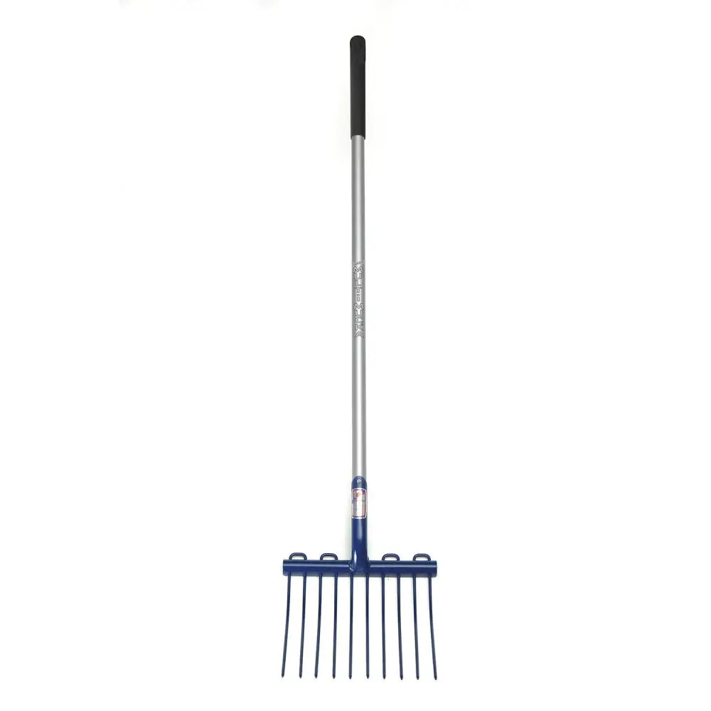 Fynalite multi mucka long aluminium handle shavings fork with blue metal rake head and black grip handle with ten tines