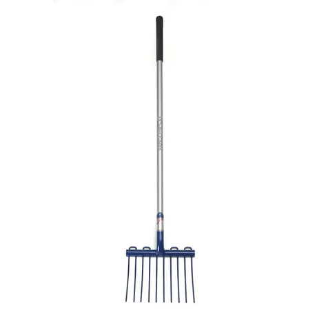 Fynalite multi mucka long aluminium handle shavings fork with blue metal rake head and black grip handle with ten tines