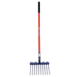 Red and navy blue fynalite multi mucka long handle shavings fork with black grip handle and muller brand on shaft