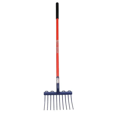 Red and navy blue fynalite multi mucka long handle shavings fork with black grip handle and muller brand on shaft