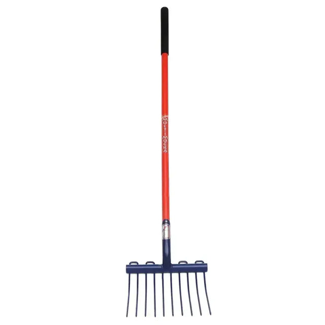 Red and navy blue fynalite multi mucka long handle shavings fork with black grip handle and muller brand on shaft