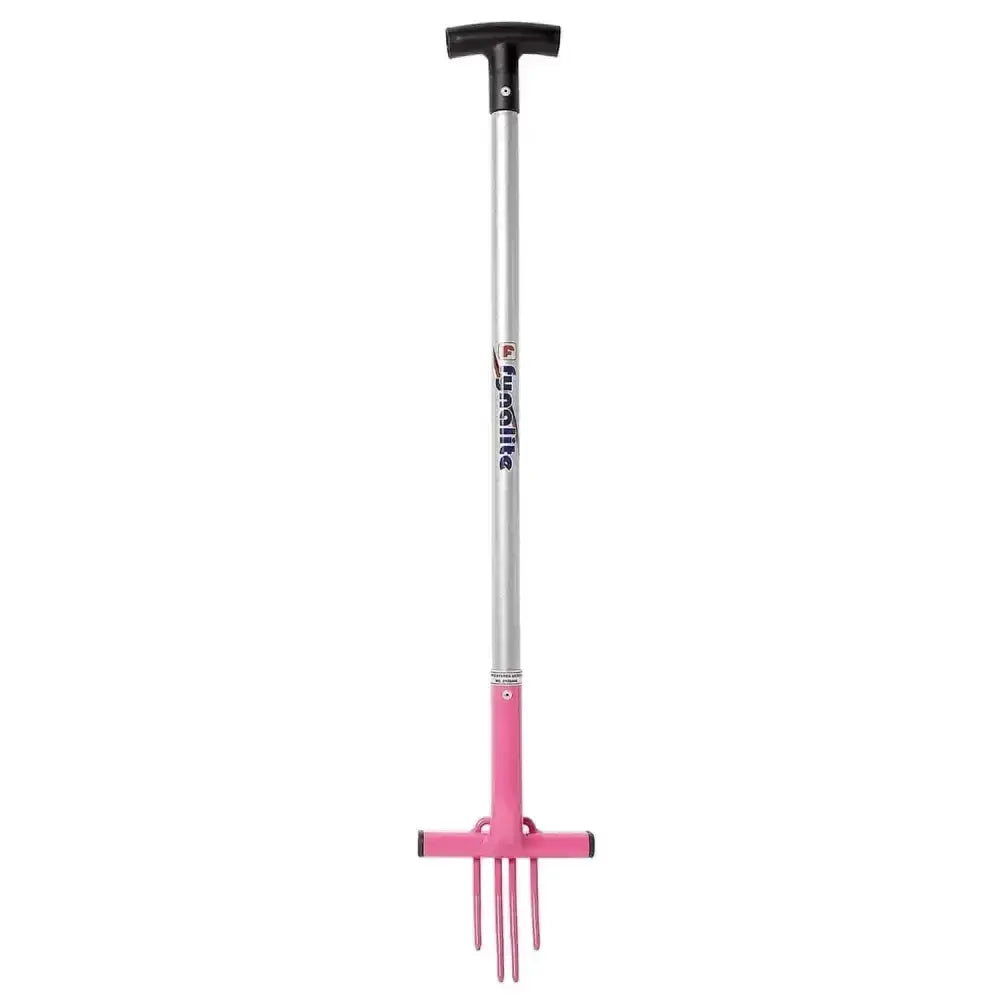 Pink and silver fynalite multi weeda ragwort fork with black t-shaped handle for easy weed removal