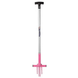 Pink and silver fynalite multi weeda ragwort fork with black t-shaped handle for easy weed removal
