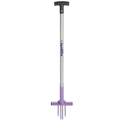 Fynalite multi weeda ragwort fork in purple and silver with black t-shaped handle for easy garden weed removal