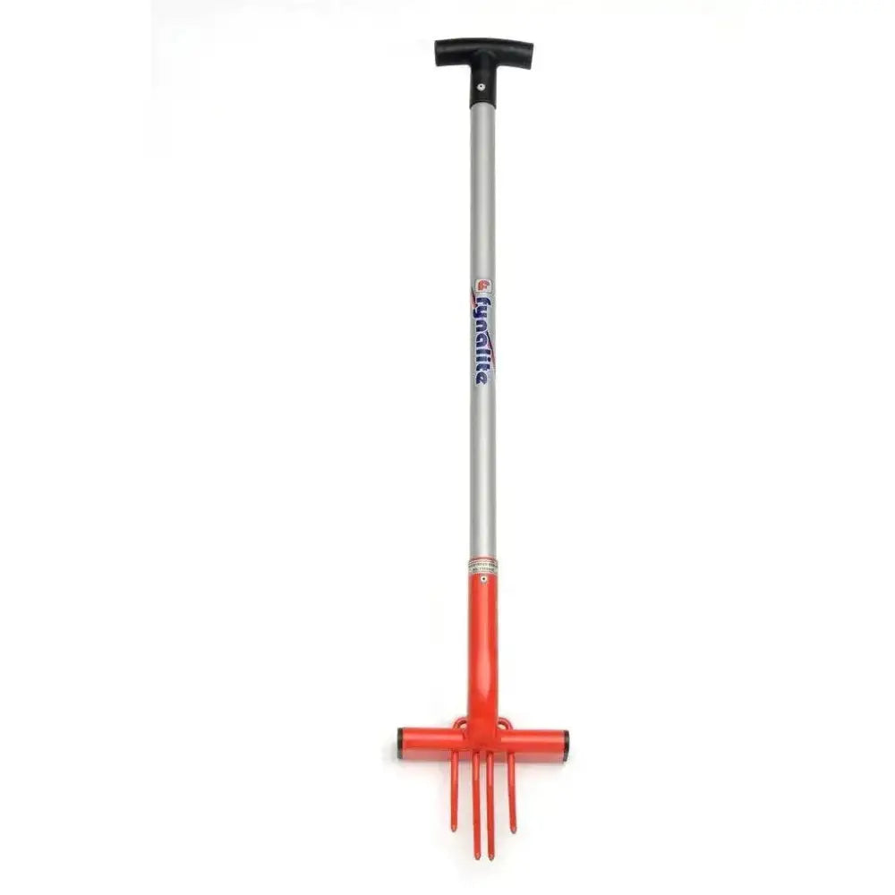 Fynalite multi weeda red and silver garden fork with black t-shaped handle for easy ragwort removal by agritec