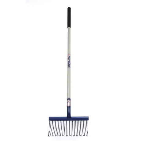 Fynalite pellet master long aluminium handle bedding fork with blue plastic handle and silver metal shaft rake