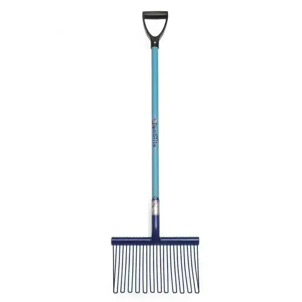 Blue and black metal tine garden rake with d-shaped handle for soil cultivation from fynalite pellet master stable forks