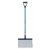 Blue and black metal tine garden rake with d-shaped handle for soil cultivation from fynalite pellet master stable forks