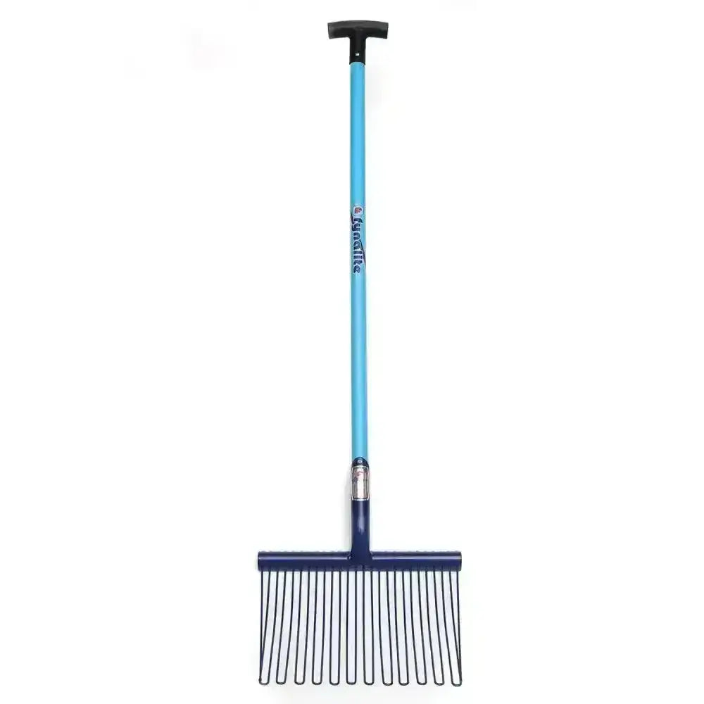 Blue-handled garden rake with dark blue head and black metal tines branded gardena for fynalite pellet master stable use