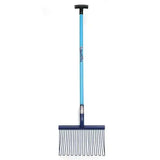 Blue-handled garden rake with dark blue head and black metal tines branded gardena for fynalite pellet master stable use