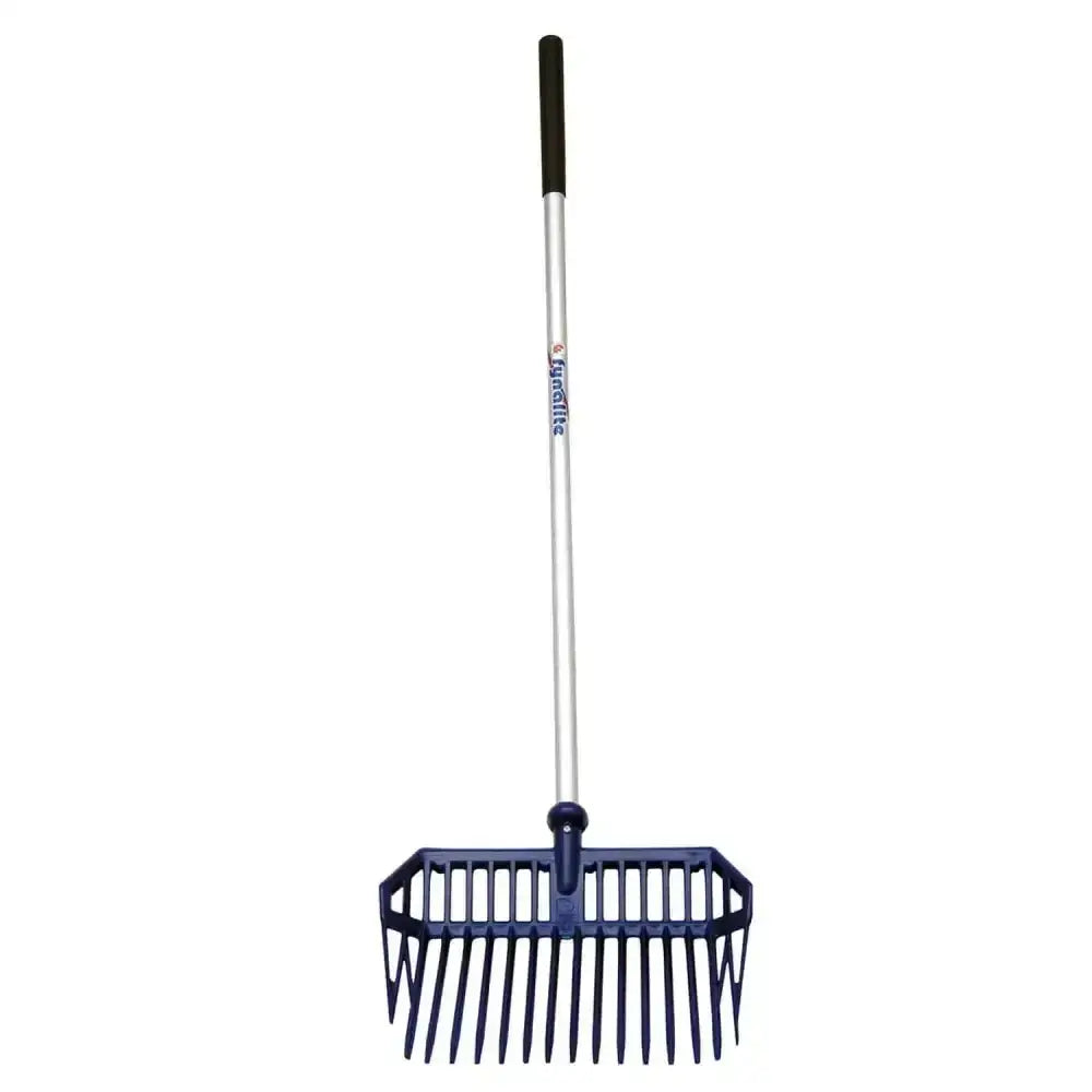 Blue fynalite plastic shavings fork with straight silver metal handle and black grip for plastic scoop making