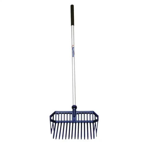 Blue fynalite plastic shavings fork with straight silver metal handle and black grip for plastic scoop making