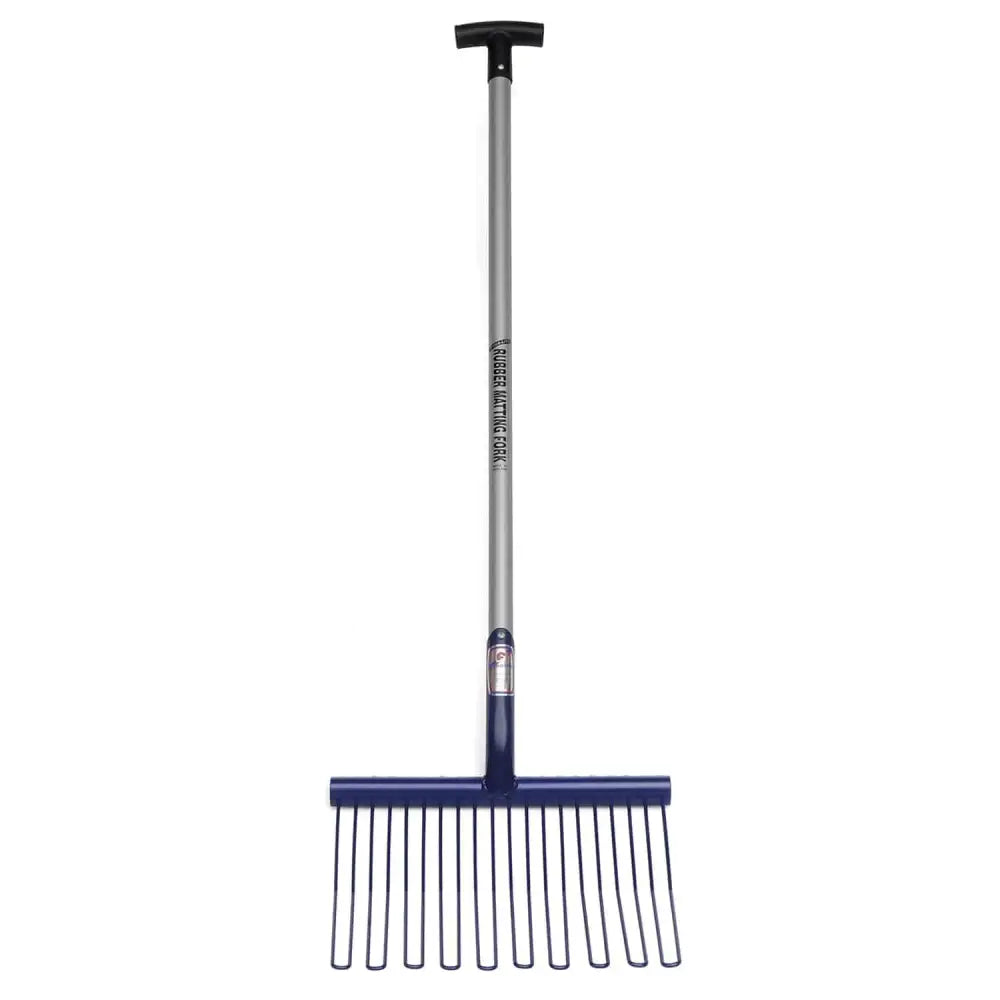 Blue fynalite rubber matting fork with rounded tines, silver metal handle, black grip for shavings forks use