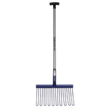 Blue fynalite rubber matting fork with rounded tines, silver metal handle, black grip for shavings forks use